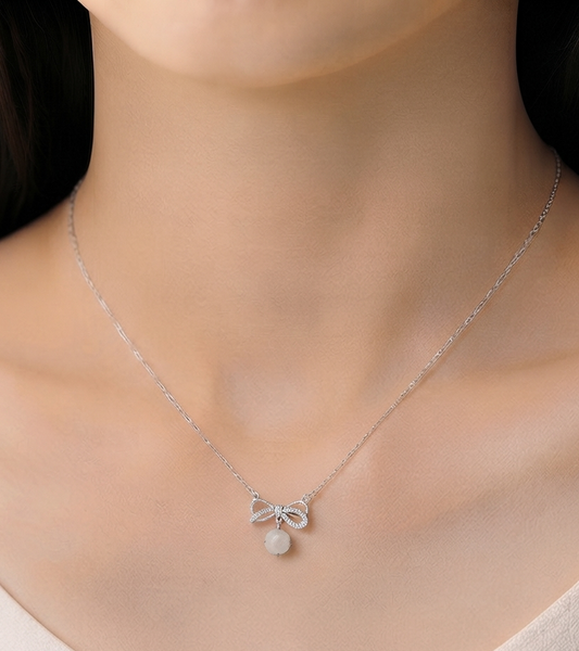 LINURE Bow White Jade Drop Necklace