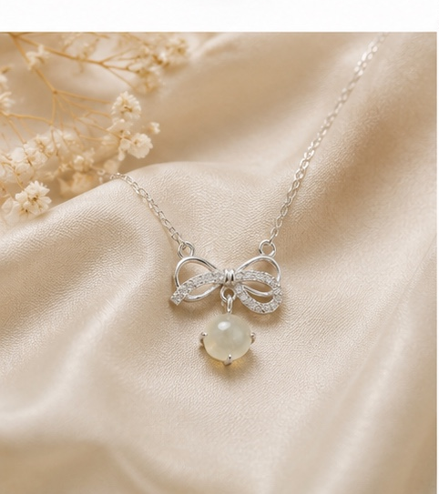 LINURE Bow White Jade Drop Necklace
