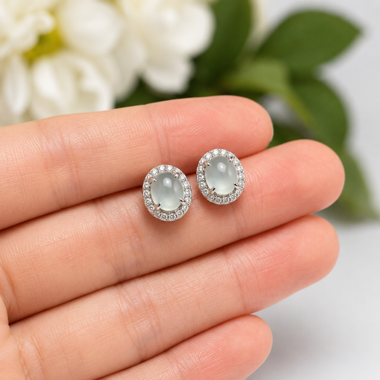 LINURE Oval Halo Icy Jade Studs