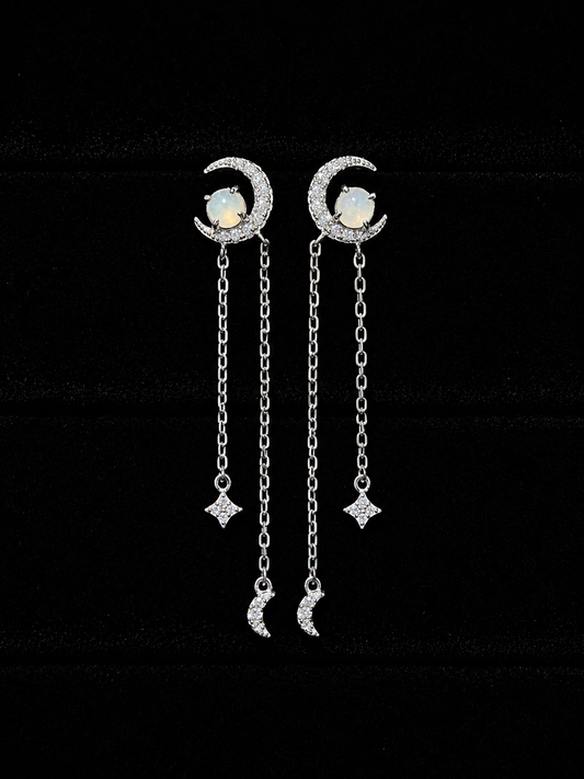 LINURE Moon Star Tassel Jade Earrings