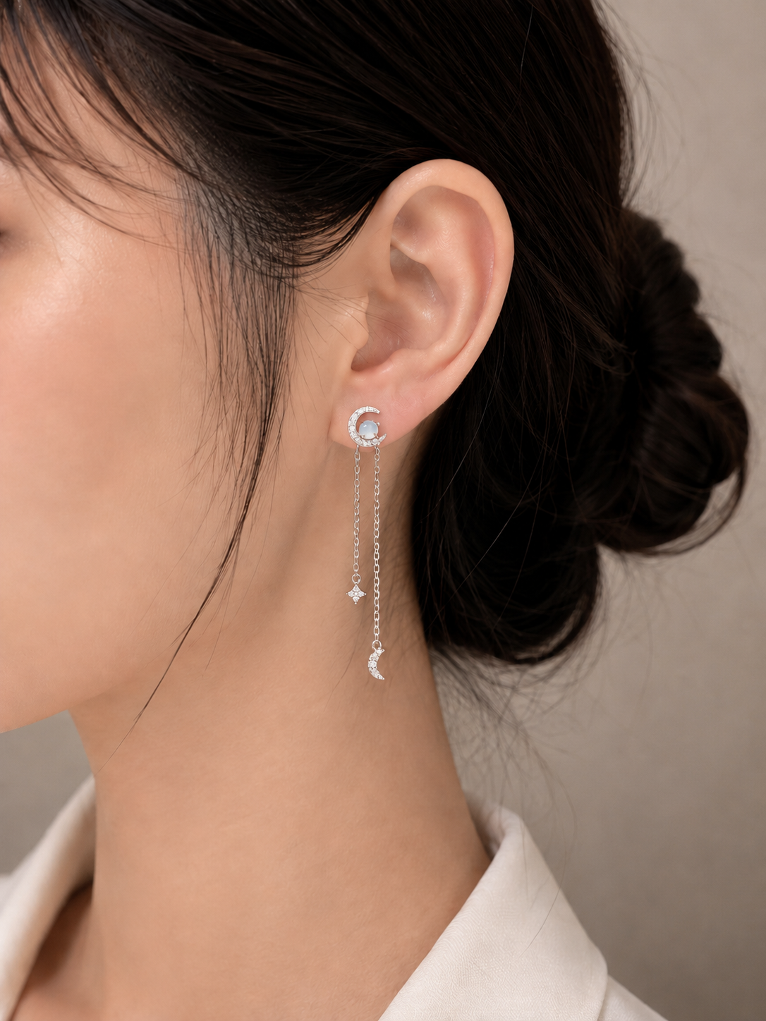 LINURE Moon Star Tassel Jade Earrings